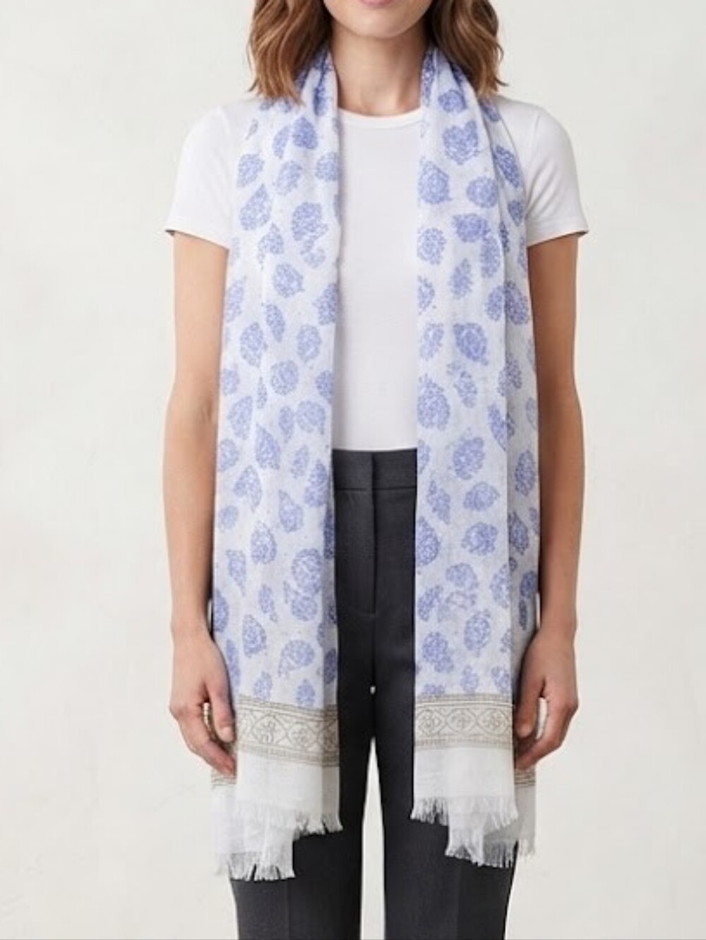 ViVi Designs - Silk Blend Scarf Wrap Frayed Trim | Blue, White & Tan | 66 x 74”